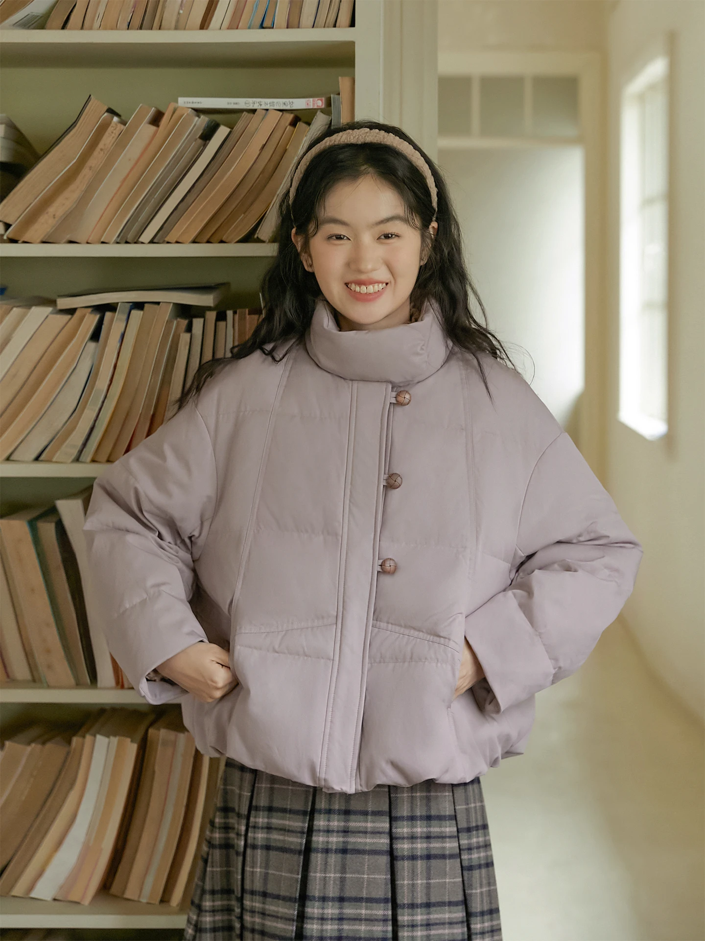 

Nesoulum ey Purple Stand Collar Loose Women's down Jaet Artistic Sle ort Coat Warm Long Sve Single Button Closure