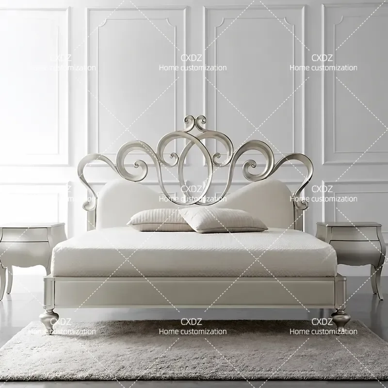Cream Style Simple Princess Bed 1.8m 1.5m Flannel Solid Wood Light Luxury Crown Girl Bed with Ribbon Decor