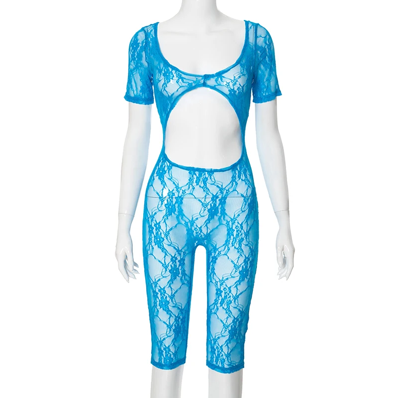 Sexy Mesh feminino, ver através de macacões cortados, leggings magros de manga curta, macacão de peça única, roupas elegantes, primavera, verão, 2022