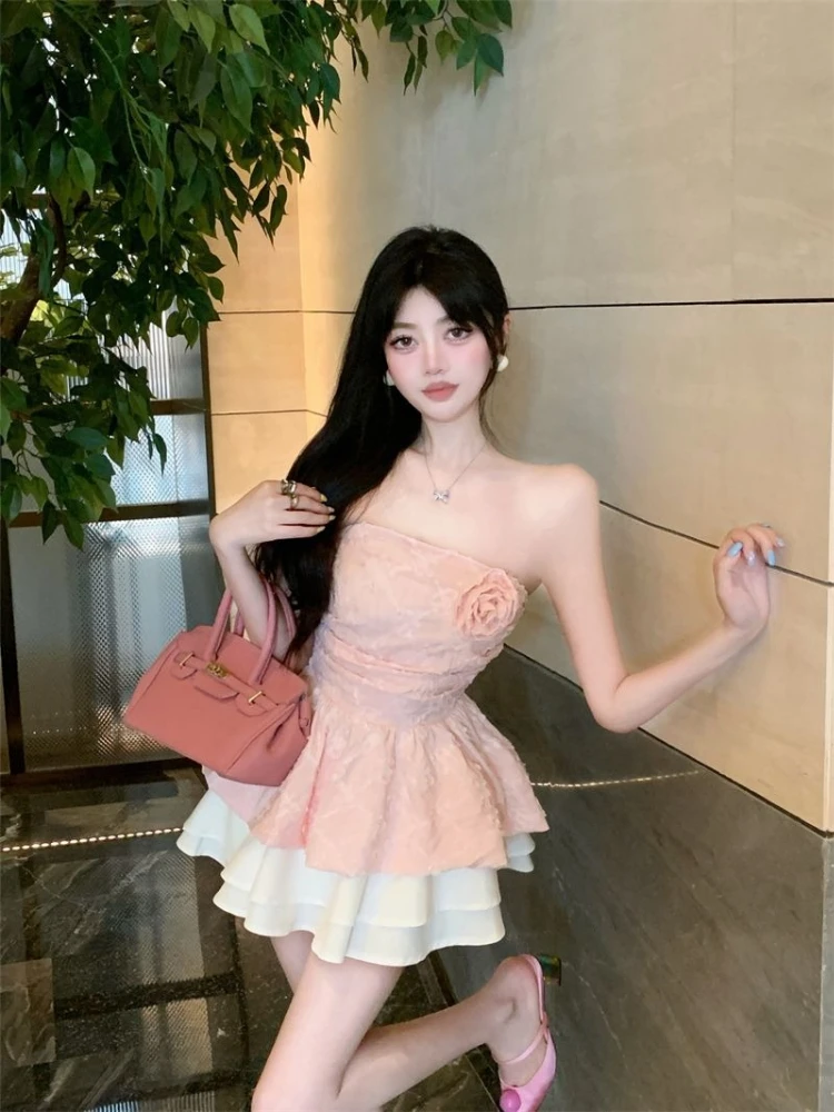 Women Pure Temperament Tube Top Lace Detail High Waist A Line Skirt Soft Feminine Summer Outfit