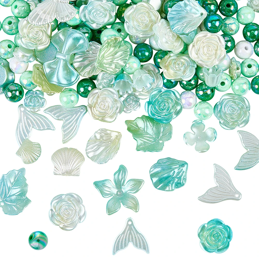 350Pcs Green Assorted Beads Kawaii Charms Beads Large Plastic AB Color Random Spring Bow Flower Round Butterfly Cute Phone Charm