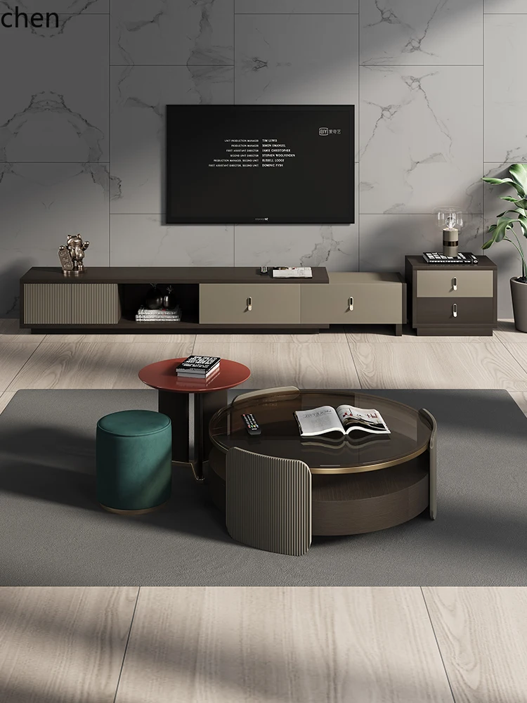 ZML Floor TV Cabinet Smoked Oak Finish Extra Long Simple Modern Storage Retractable Floor Cabinet
