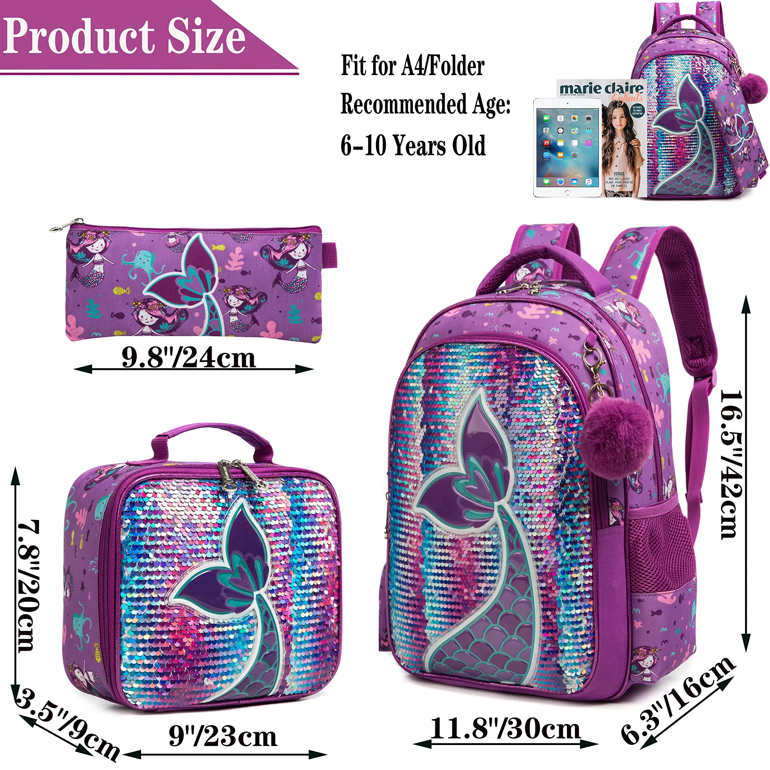 Backpack for Girls Gliter Sequin Backpacks for Elementary School Bag with Lunch Box for Kindergarten Students