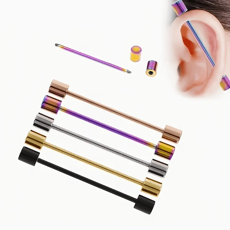 5-piece hip-hop minimalist stainless steel piercing stud earrings cylindrical barbell industrial style earrings, versatile punk style long earbone studs, ear bridge studs, double earhole jewelry, unisex, suitable for daily party wear