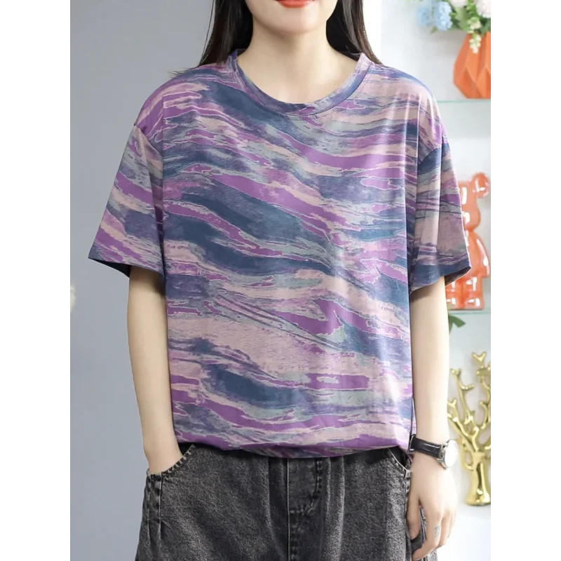 Women's Purple Abstract Marble Print Short Sleeve Oversized Casual T-Shirt