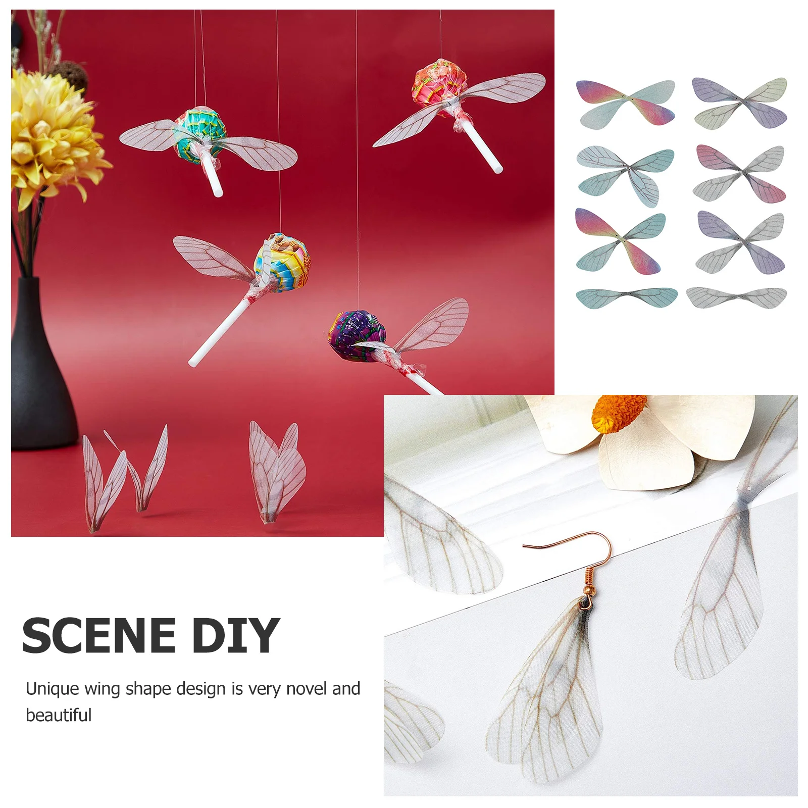 

50Pcs DIY Dragonfly Wing Decors Cloth Art Accessory for Earrings Brooches Unique Design Great Gift Choice Dark Pink