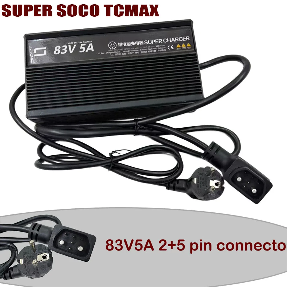 

This Charger Is Compatible With SUPER SOCO TCMAX, MAX, And TC MAXTC Models, Featuring 5A 2+5 pin and 5A 2+4 Pin Connectors.