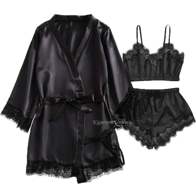 Black Sexy Women\'s Pajamas Satin 4-piece Lace Silk Suspender Tops Shorts Robe Pajamas Set Nightgown Underwear Nightdress Suit