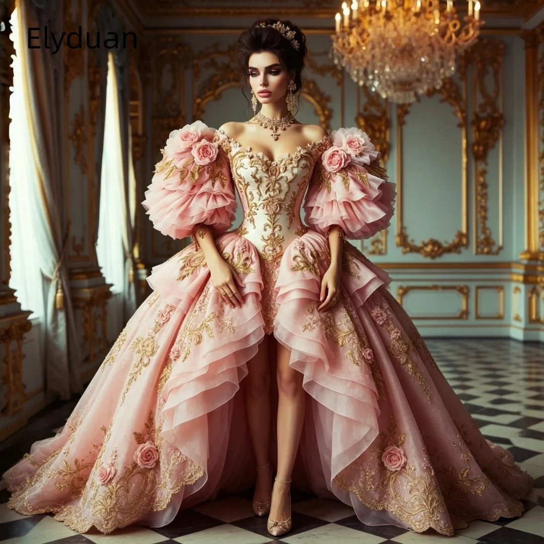 Pink Gold Baroque Short Prom Dress With Detachable Overskirt Off-Shoulder Puff Sleeve High‑Low Ruffle Evening Gown Customized