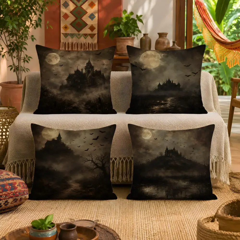 Vintage Gothic Haunted House Halloween Cushion Cover Plush Pillow Cover Soft Fuzzy Removable Washable Sofa Bed Bedroom Decor