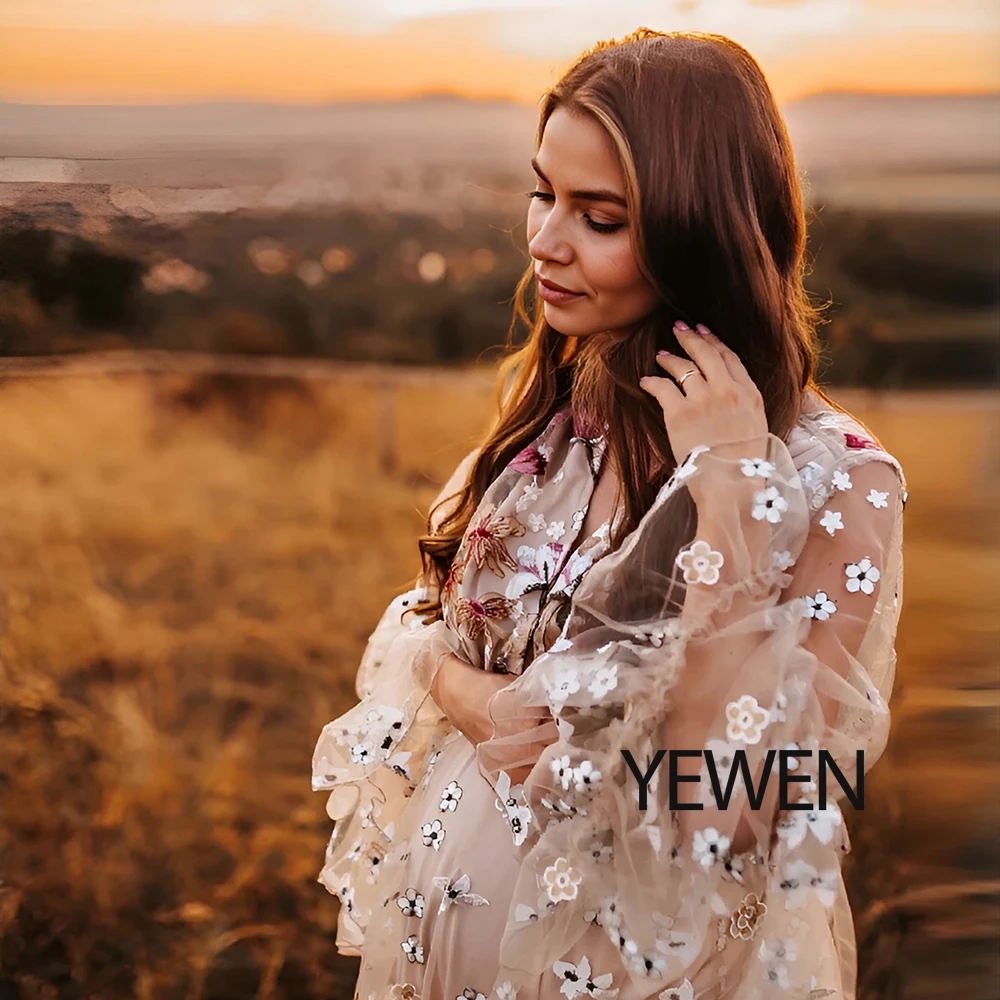فستان التقطت الصور للأمهات من الدانتيل مُزين بنقشة الزهور مع أكمام مضيئة وفتحة عالية فساتين أنيقة لحفلات النساء لالتقاط الصور YEWEN #2
