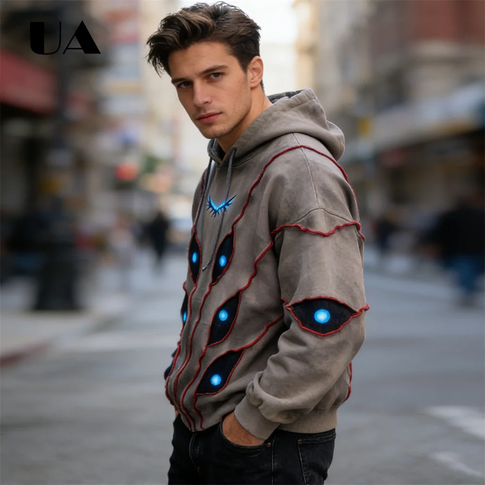 Gothic Streetwear Trendy Hoodies for Men Men's Gray Washed Distressed Hoodie Red Stitching Techwear Casual Urban Daily Wear