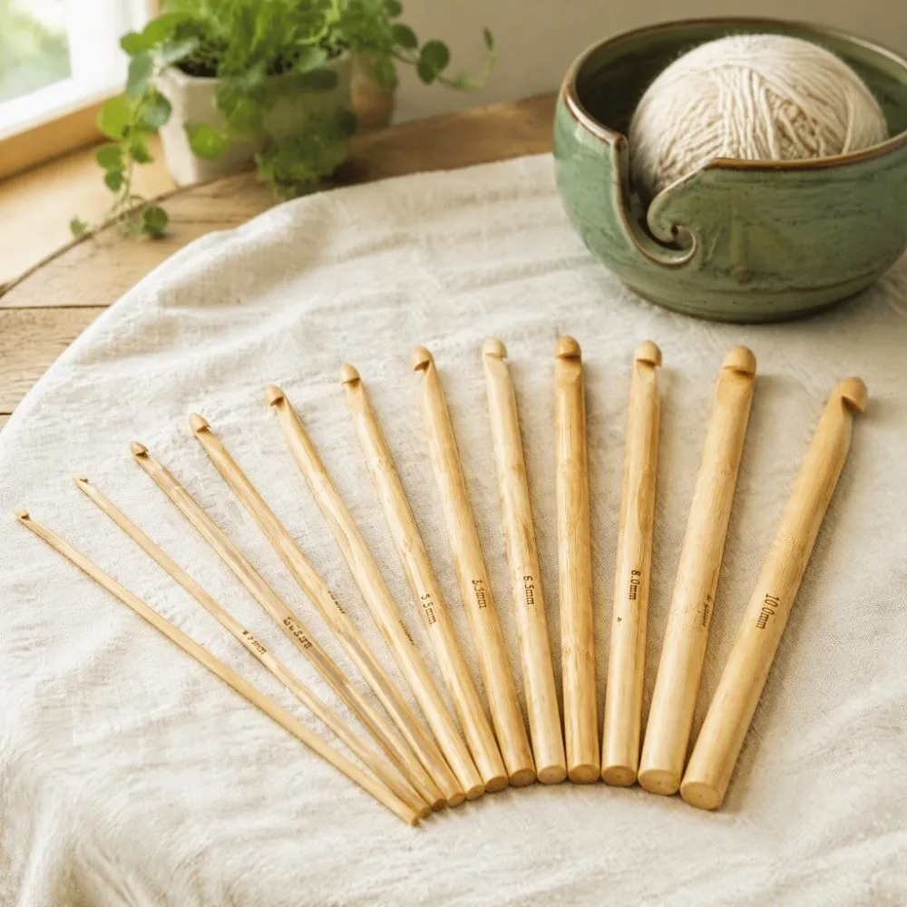 12pcs 3 to 10mm Bamboo Crochet Hooks Single Point Weaving Tools Bamboo Knitting Needles Set Carbonized Bamboo