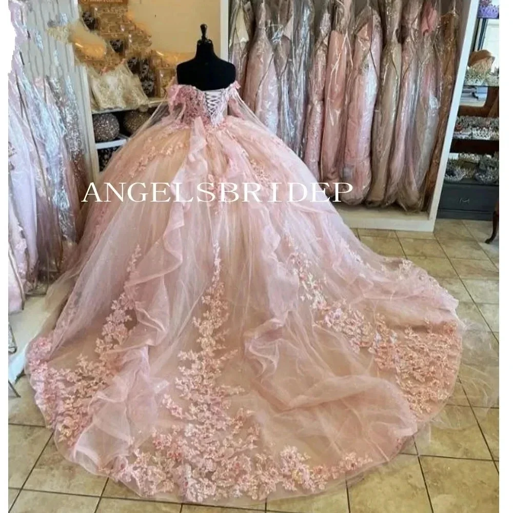 فساتين الأميرة Quinceanera الوردية اللامعة ، ثوب الكرة ، مزين بالخرز الدانتيل ، حفلة عيد ميلاد ، حفلة موسيقية ، 15 عامًا ، فاخرة