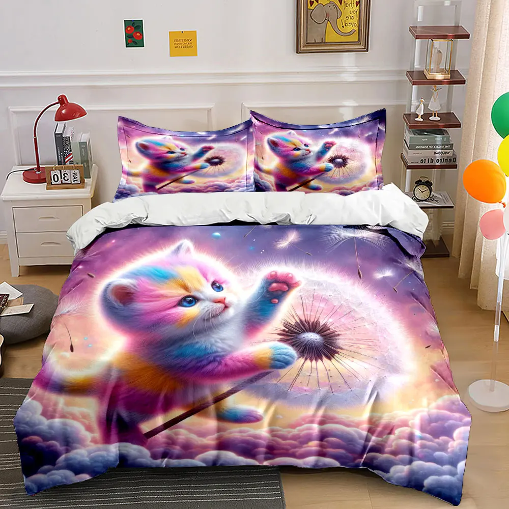 Rainbow kitten with dandelion Duvet Cover Set with 3D Printing Design Soft Polyester Bedding Set All-Season Comfort for gifts