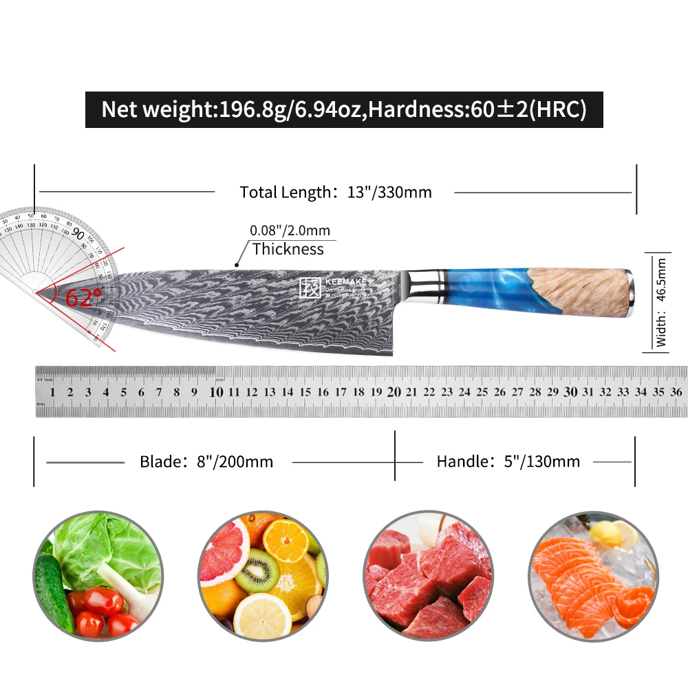 KEEMAKE 8\'\' inch Chef Kitchen Cooking Damascus Steel Knife Blue Resin Handle Slicer Meat Cutting Fruit Vegetable Fish Chopper