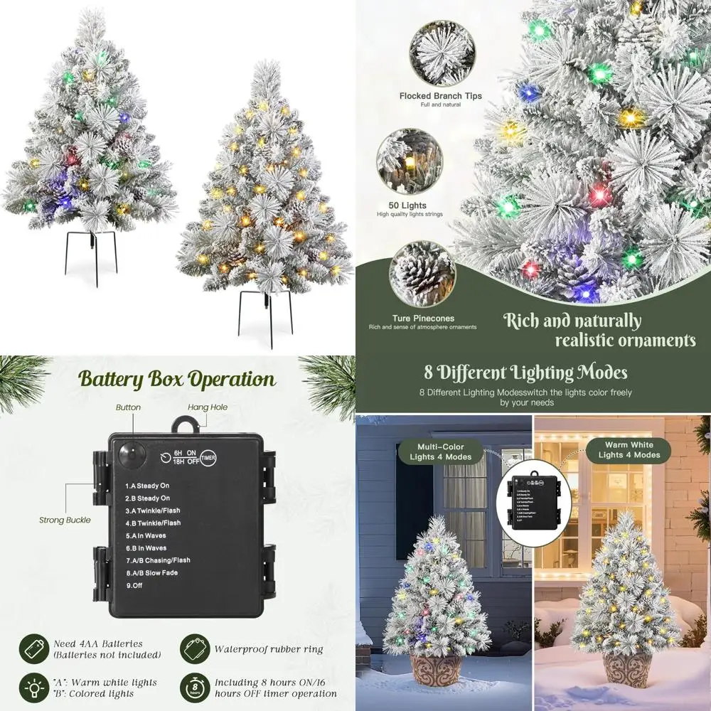 

Battery-Powered 30 Inch Multi-Color Lighted Outdoor Christmas Trees with Timer, Pre-lit Flocked Scotch Pine Trees