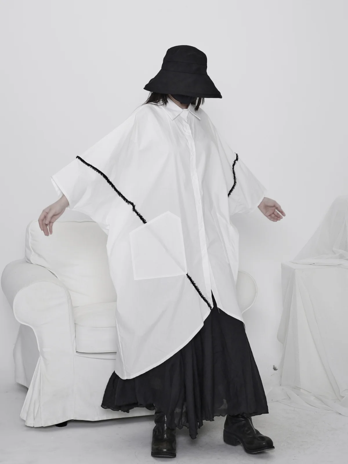 

New Autumn Loose Women's irt Dr Simple Design Irregular Line pe Not Matching Each Other Cotton Original Design Midi Dr