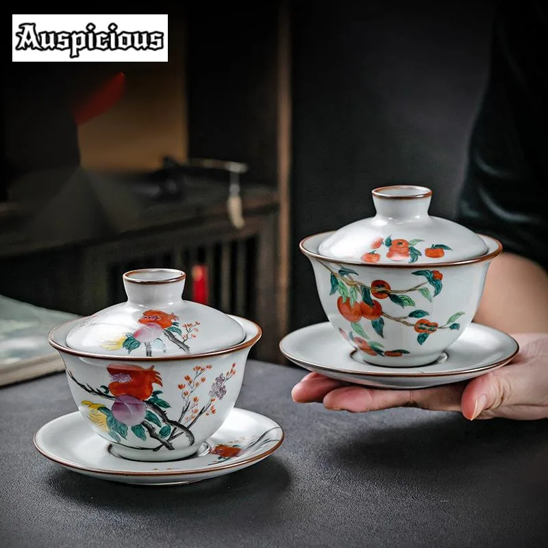 220ml Pure Hand Painted Persimmon Gaiwan Ice Cracked Glazed Ru Porcelain Tea Tureen Tea Maker Cover Bowl Cha Tea Services Craft