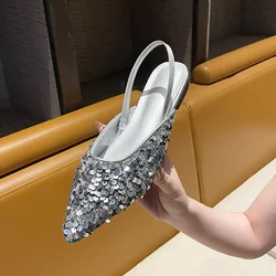 Bling Silver Slingbacks Flats Shoes Woman 2024 Trend Designer Pointed Toe Flat Slip-on Mules Shiny Soft Ballet Flats Black Cute