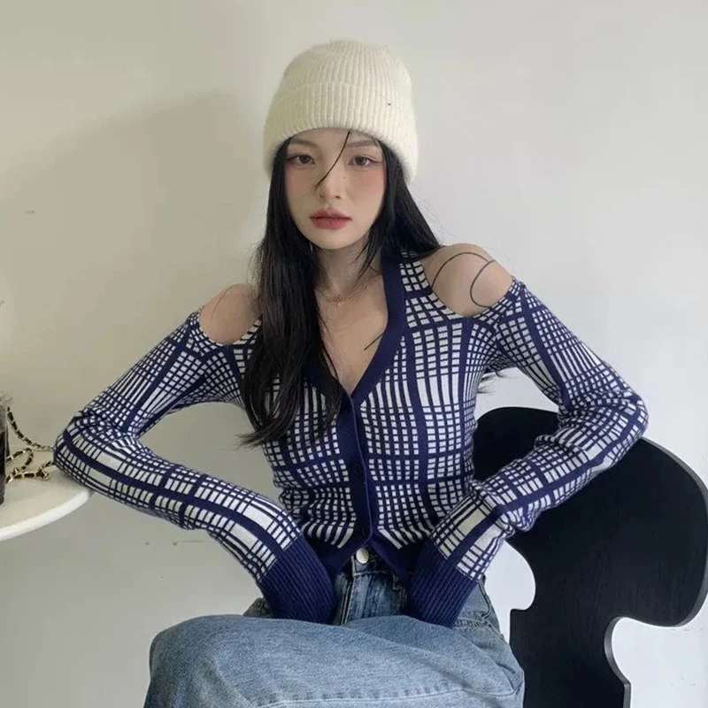 Blue Plaid Sexy Knitted Cardigan Women Off Shoulder V Neck Slim Fit Long Sleeve Tops Fall Hottie Halter Y2K Streetwear Crop Tops