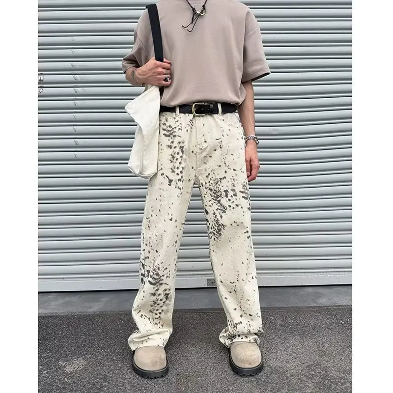 Jeans largos leopardo branco masculino, calças compridas casuais, calças de luxo, roupas da moda, 2000s, y2k, novo, 2024