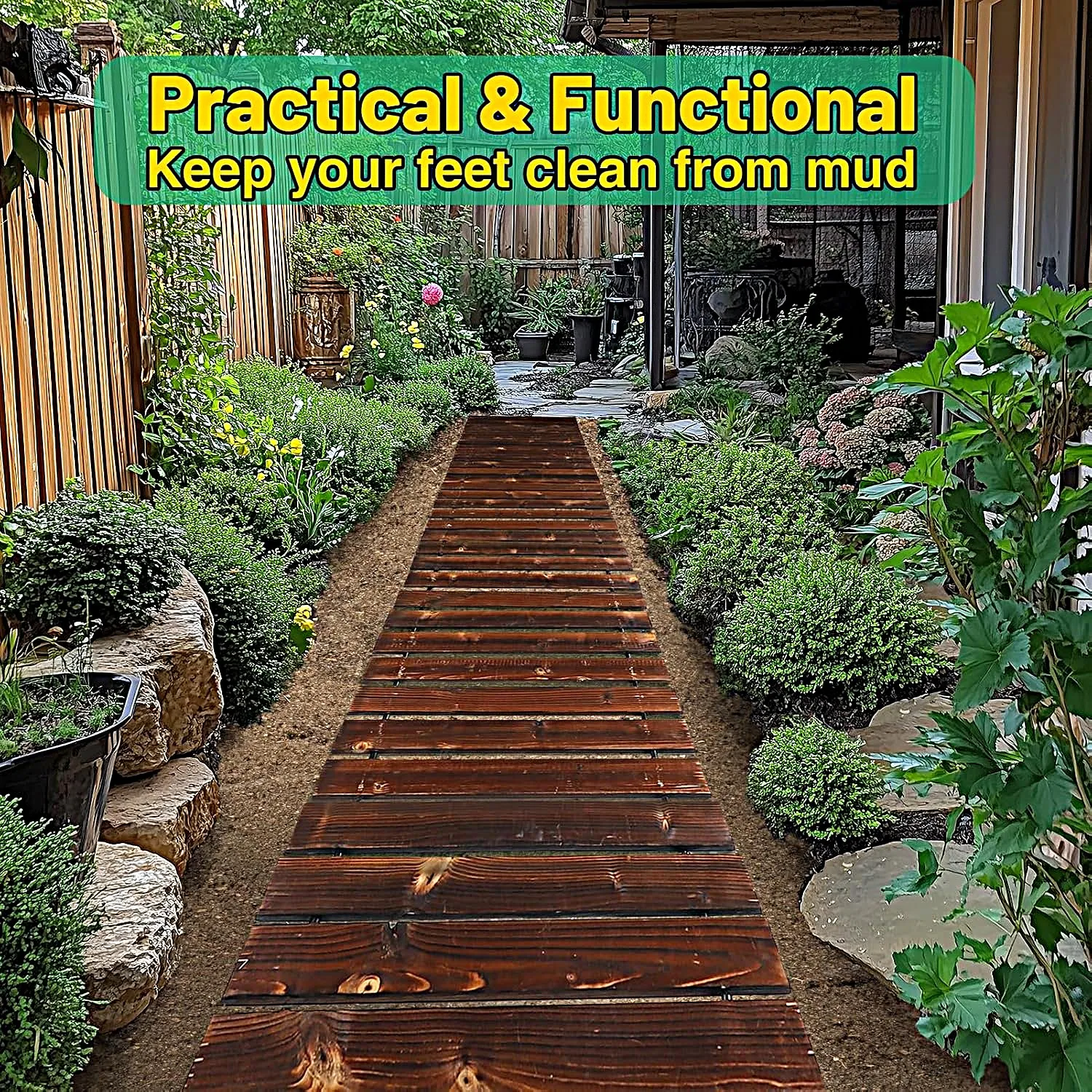 

Boardwalk Pathway Pavers for Outsi 8.2 Ft Wooden Garden Pathway - Weather Resistant Carbonized Pine Roll Out Decorative Walkway