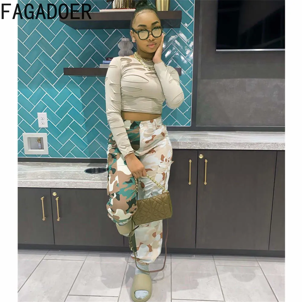 

FAGADOER Casual Women's Camouflage Printing Pants Female High Waist Loose Sport Trousers Spring With Pocket Bottoms Clothes 2022