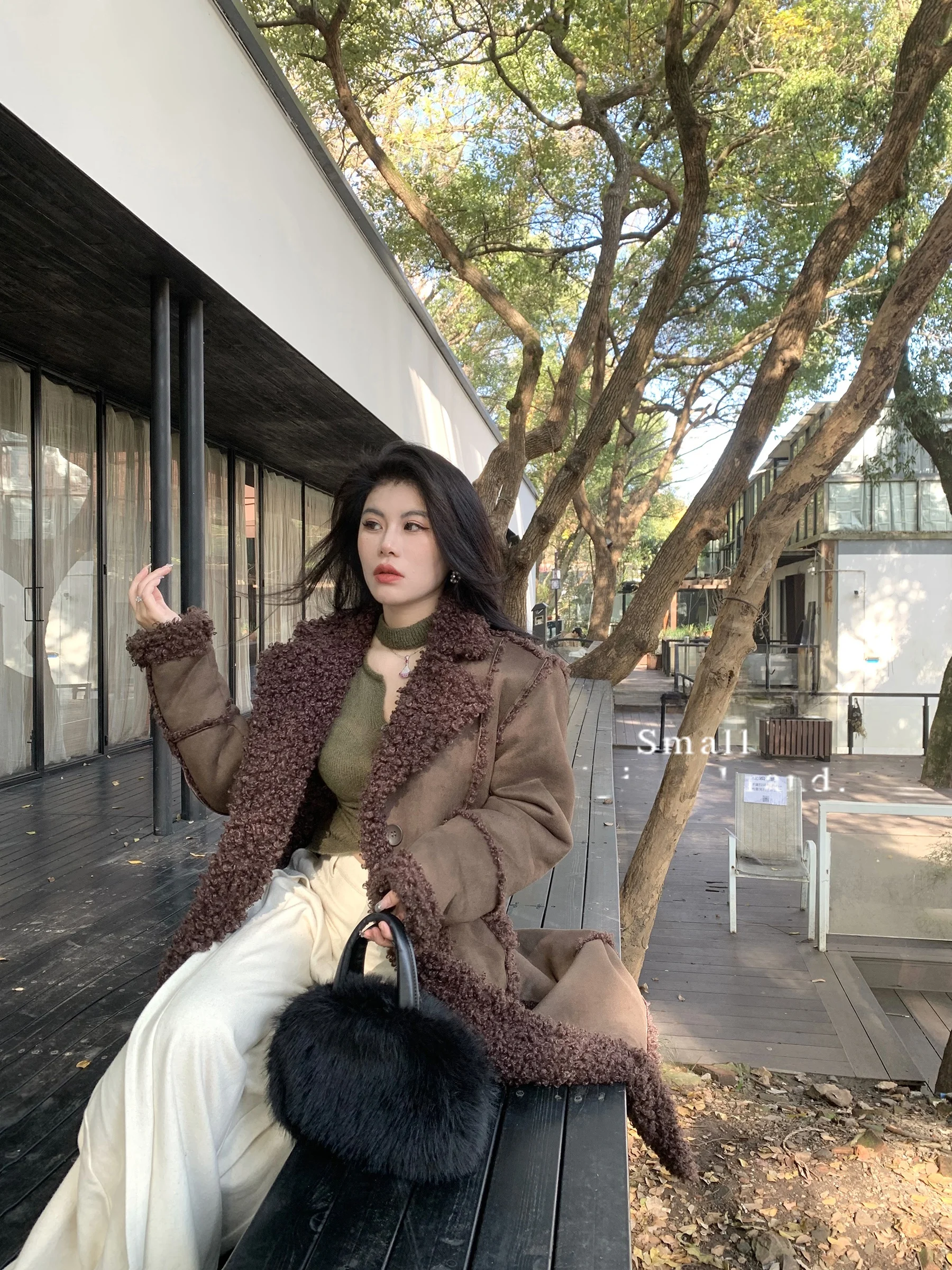 

LuvMuse American Sle Long Coat Women's Faux Fur Leather Jaet Coffee Series Vintage High-End Feelings Outerwear