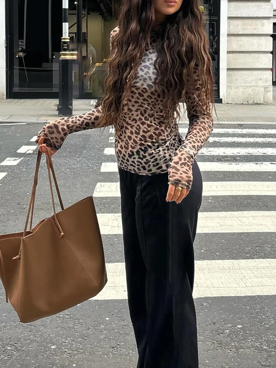 

Women Long Sleeve T-Shirts Leopard Print Mesh Sheer Round Neck Casual Shirts Spring Fall Slim Fit Tops