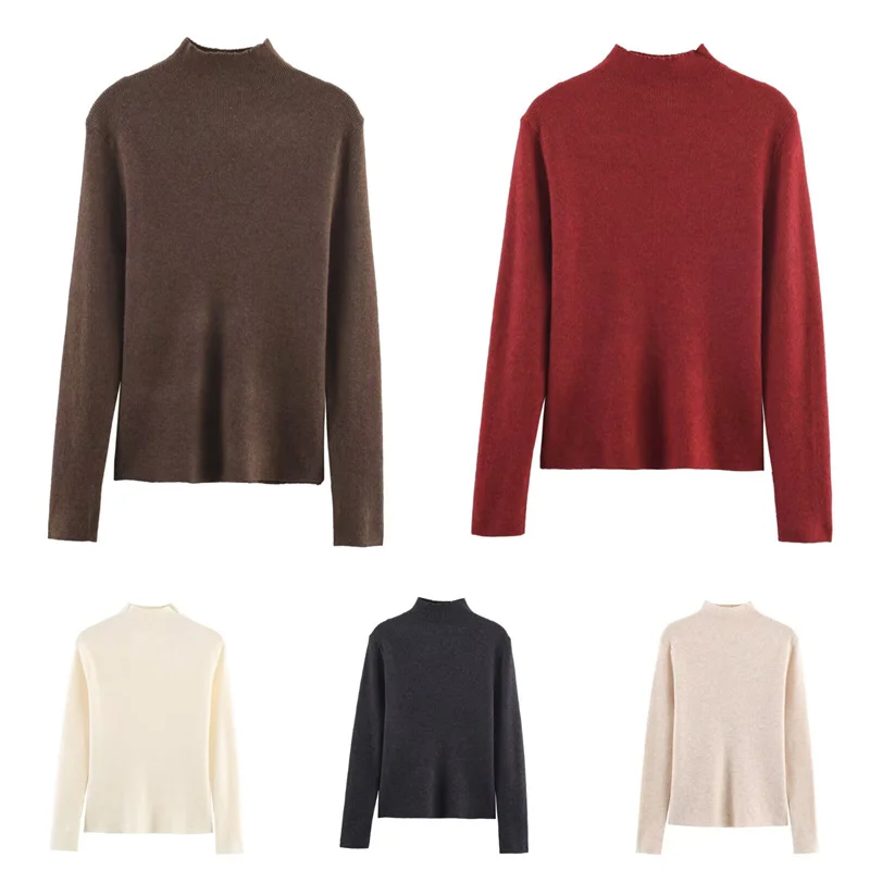 

Women's Top 2025 Autumn New Style Solid Color Long Sleeve Half Turtleneck Simple Basic Knit Pullover Casual Versatile