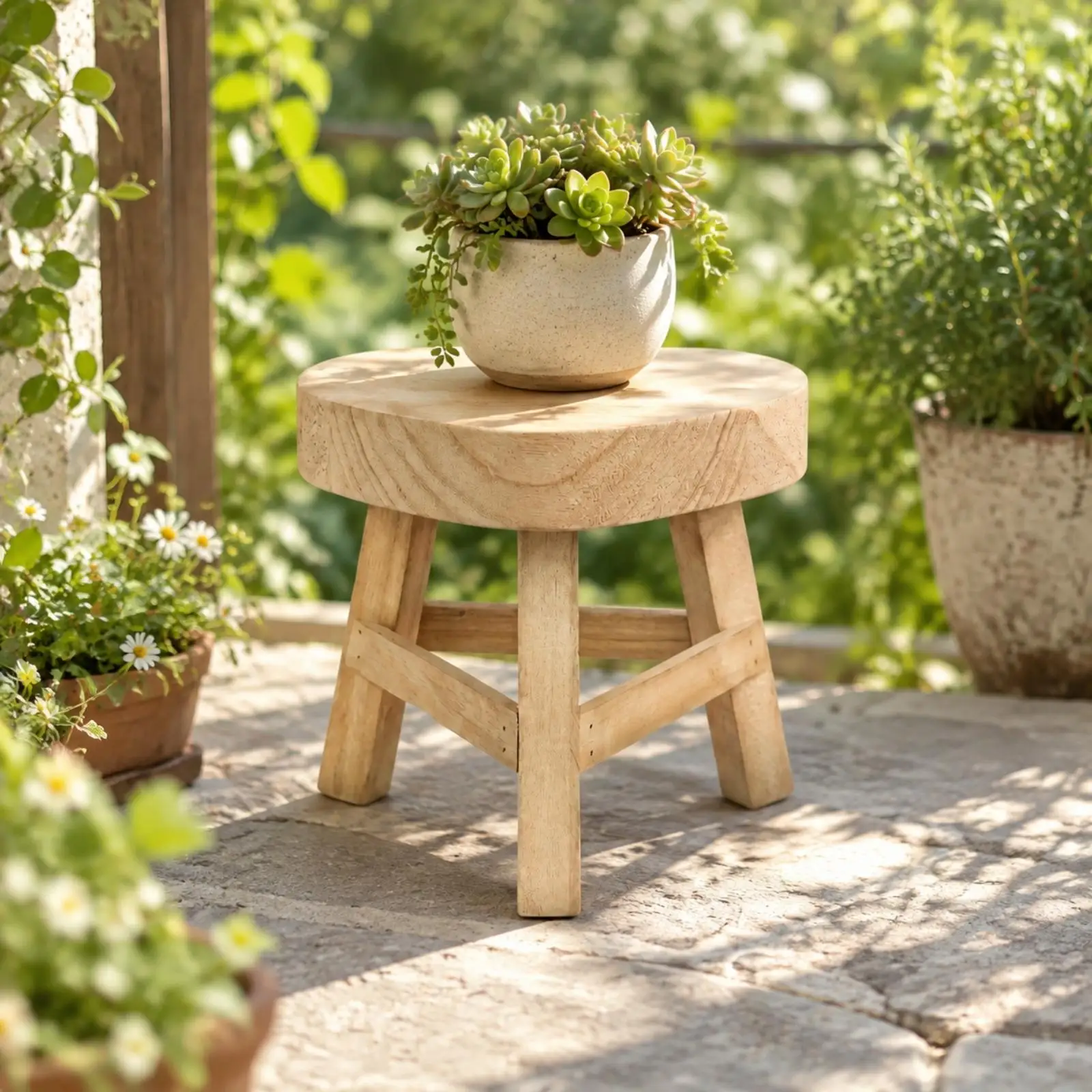 Natural Solid Wood Stool Multi Use Plant Stand for Potted Plants Extra Seating Balcony Patio Entryway Compact Design