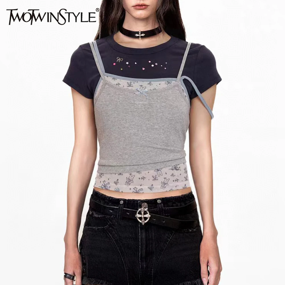 

TWOTWINSTYLE Hit Color Slimming T Shirts for Women O Neck Short Sleeve Minimalist Spliced Bowknot Top Female Fashion