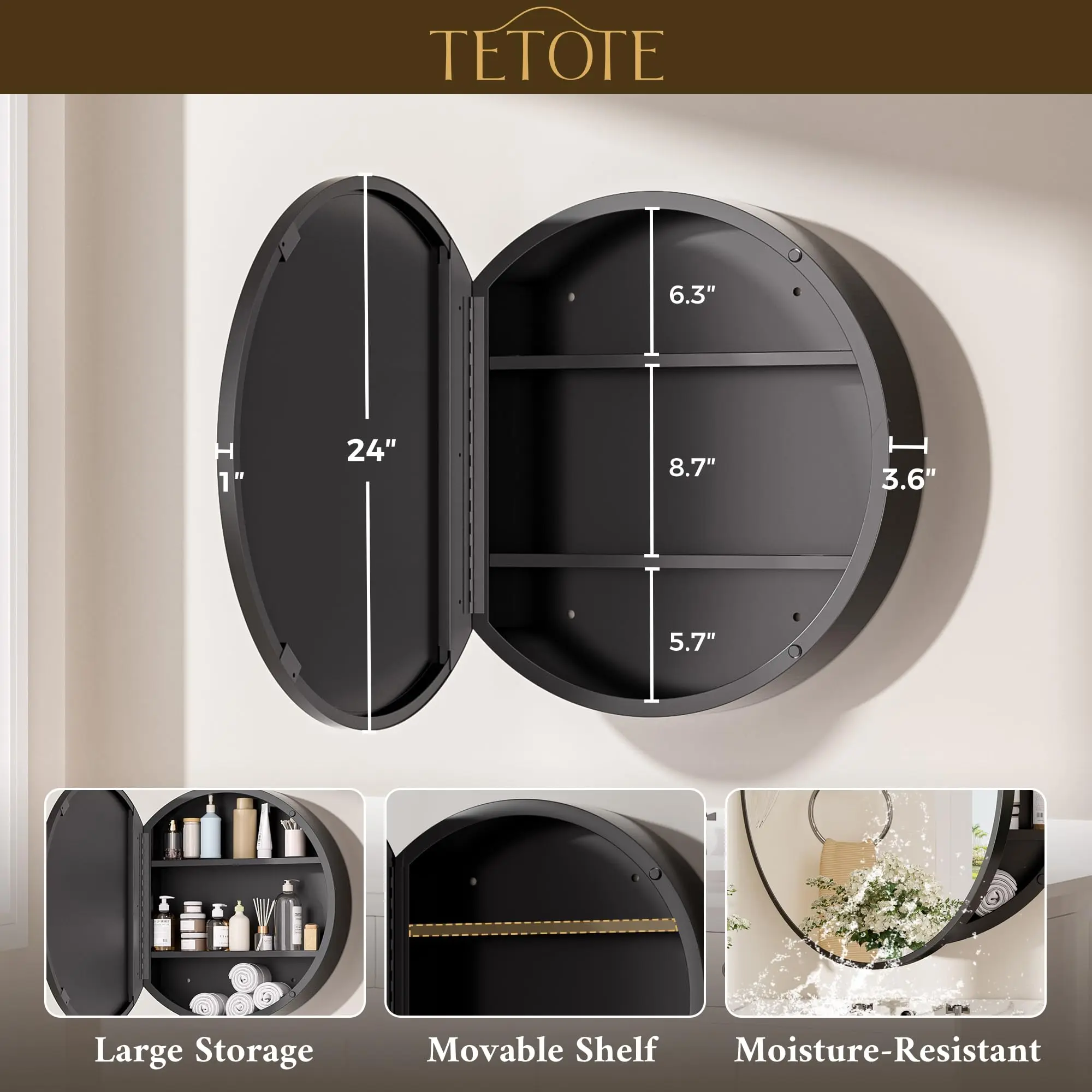 24 x 24 Inch Medicine Cabinet Mirror Black Framed Round Mirrored Medicine Cabinets for Bathroom Adjustable Shelves