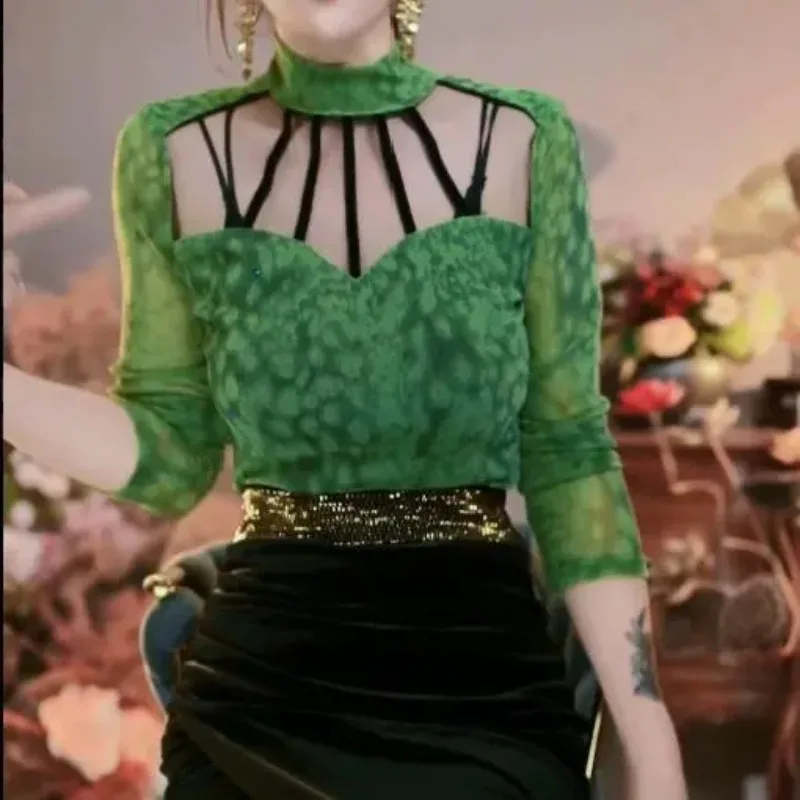 Hauts à manches longues pour femmes, chemises à col mi-haut vertes en maille assortie avec tout, à la mode et capricieux, nouvelle collection automne hiver