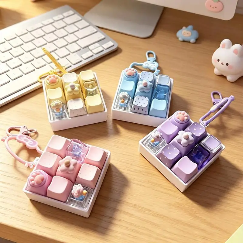 1PCS 9 Keys Cute Flower Heart Star Mechanical Keycap Fidget Keychain Stress Relief Finger Press Toy