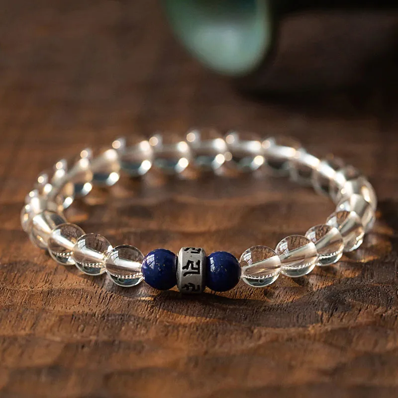 

Natural White Crystal with Buddha Beads Six Words Truth Lapis Lazuli Men's and Women's Fashion Fresh Single Ring Bracelet