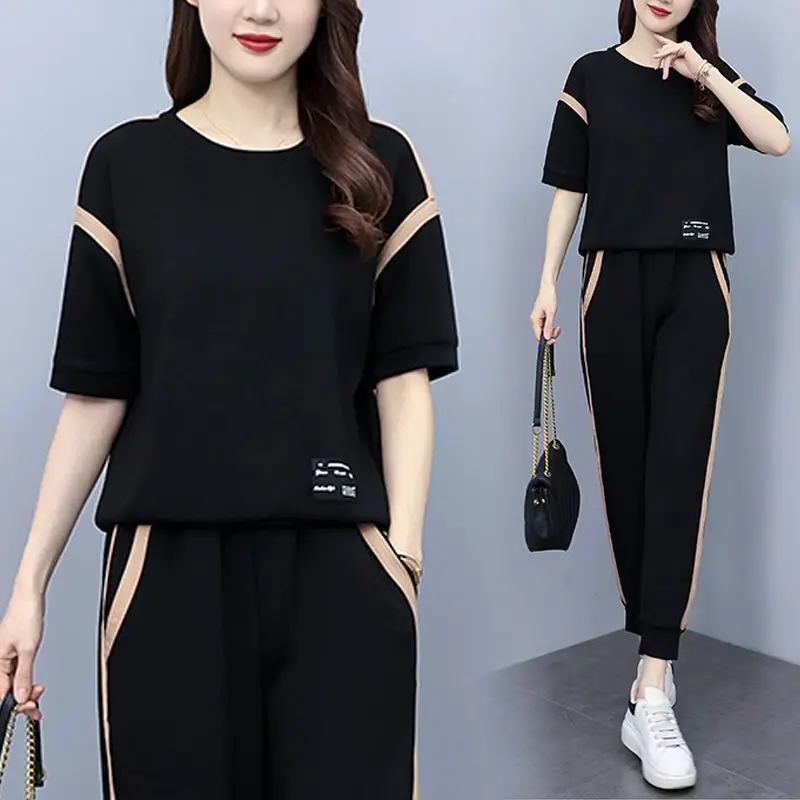 

Fat Man Loose Simple Fashion Suit Large Size Women's Clothing 200 Catties Summer Clothing Slimming and Casual Two-piece Set