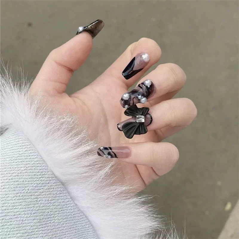 накладные ногти Fake Nails With Glue Full Cover Nail Tips Press On Med Nails Manicure Oval Head False Nails Black ballet silk