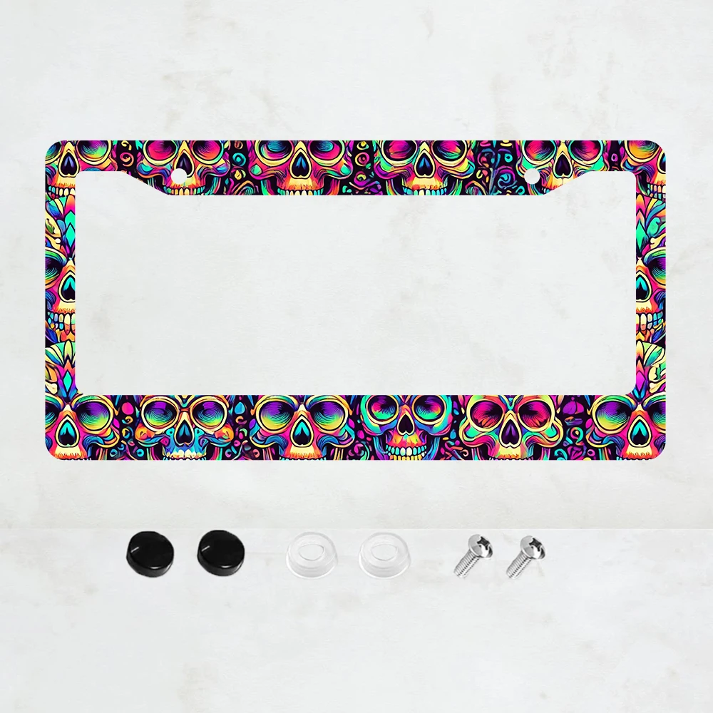 

1PC Neon Skull License Plate Frame Colorful Skulls Print Goth Gothic License Plate Holder Aluminum Auto Parts Funny