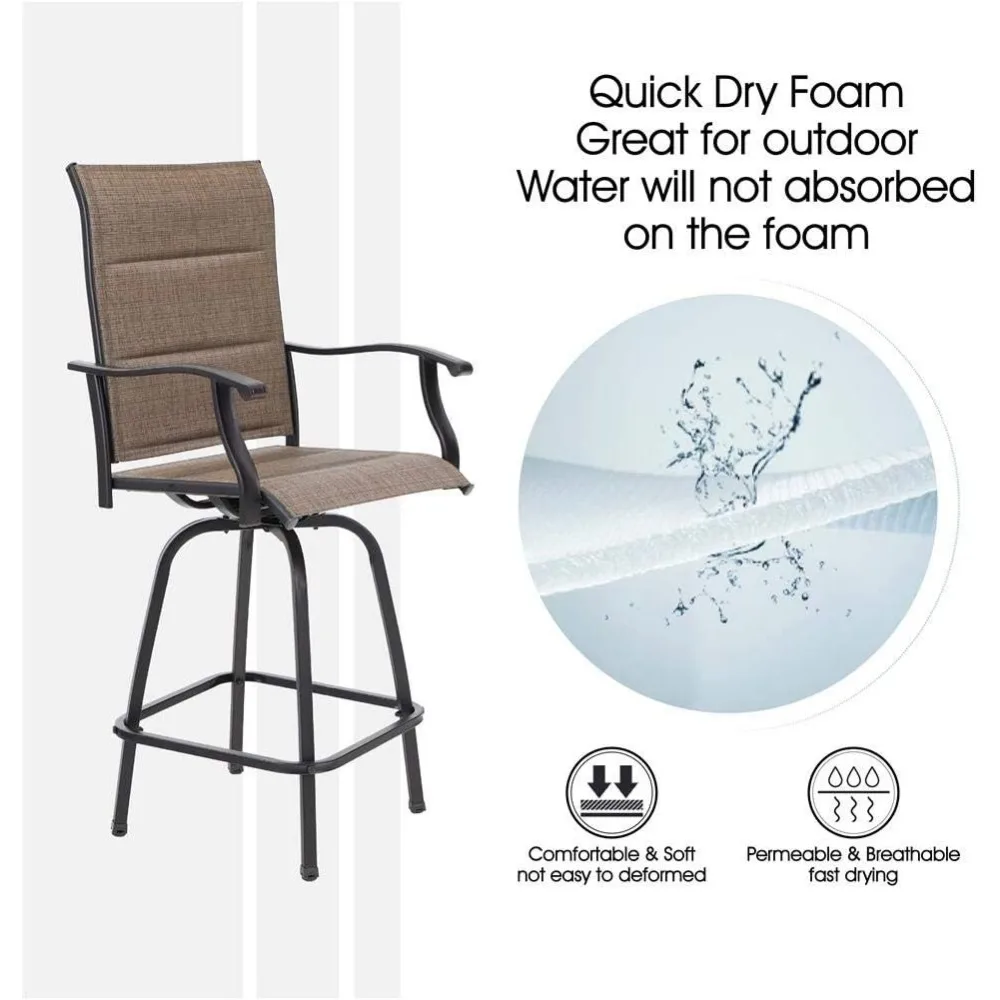 Outdoor giratória Bar Stools Set, cadeiras de pátio superior alto, acolchoado Textilene Assentos, All-Weather Altura Furnit, conjunto de 2