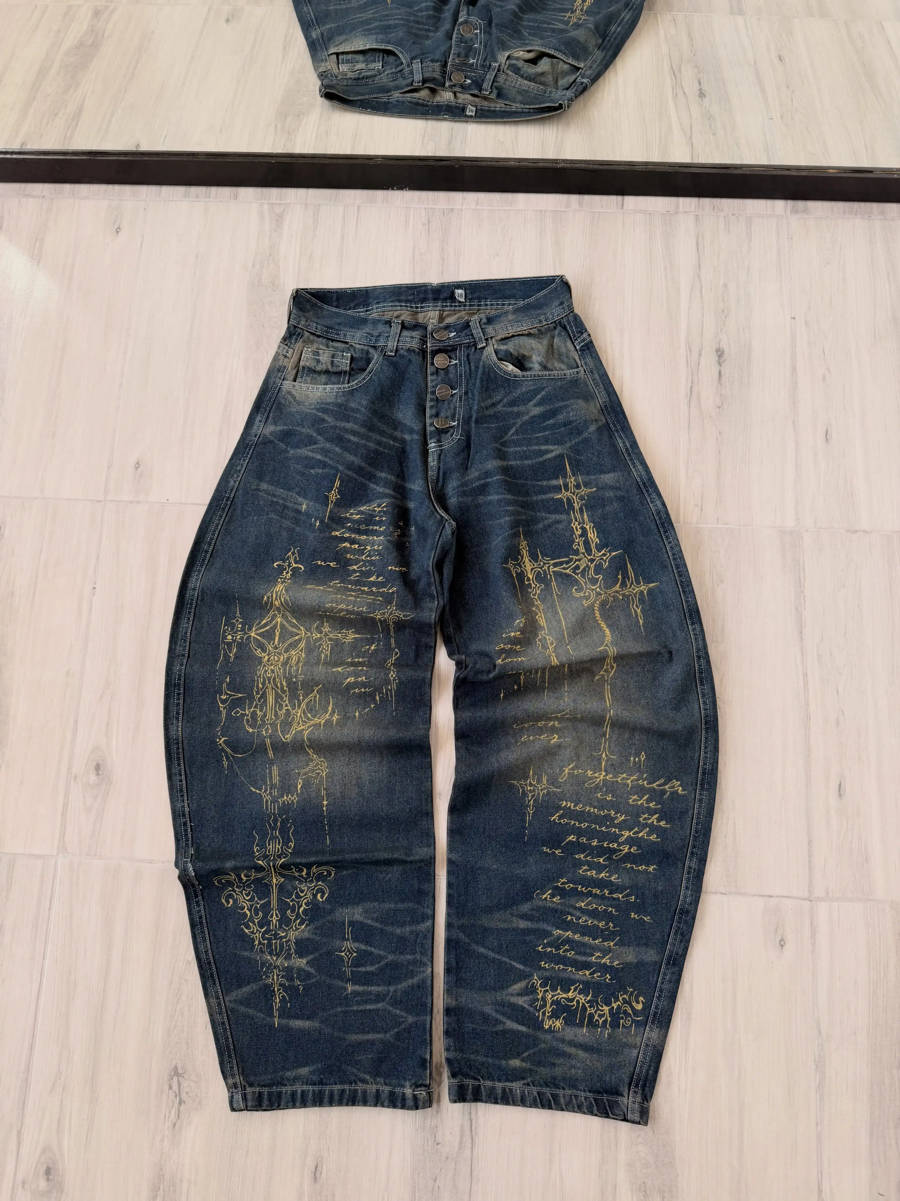 Y2k Vintage Wash Gothic Pattern Print Jeans American Retro High Street Baggy Wide Leg Denim Pants Oversized Unisex Mopping Jeans