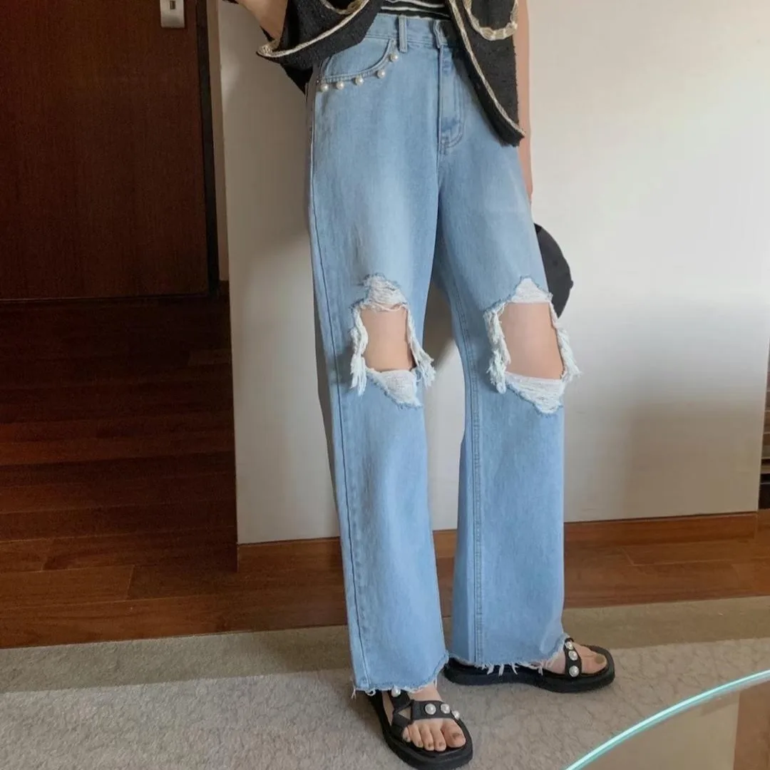 

Fashionable Korean Style Distressed Spring Summer New Design Pearl Embellished Frayed Hem Denim Jeans Women Loose Fit Natural...