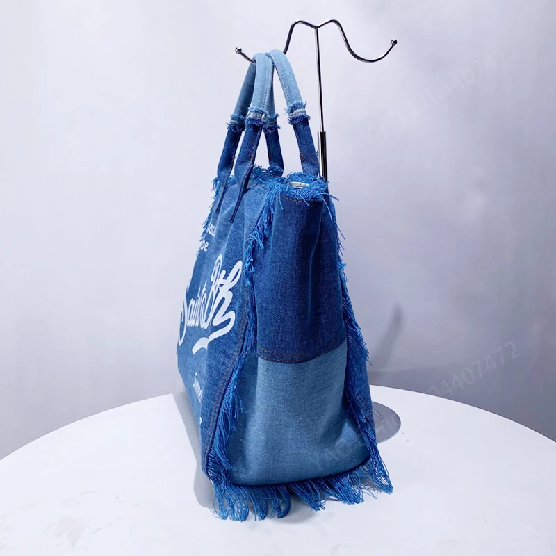 Yao Dong DENIM Blue Tote กระเป๋าผู้หญิง Luxury Designer กระเป๋าถือและกระเป๋าสตางค์ 2024 ใหม่สบายๆพู่ขนาดใหญ่ความจุ Sho