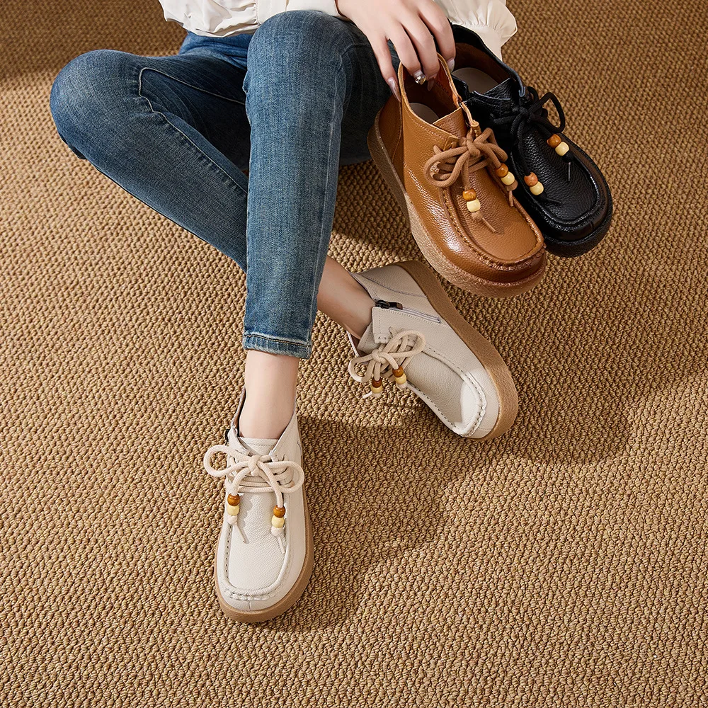 Neue Echtleder-Schnürstiefeletten für Damen, Klassische Perlen-Bootsschuhe, Damen-Reißverschluss-Stiefeletten, Weiche Casual-Booties, Bequeme Urlaubsstiefel – Detail 3
