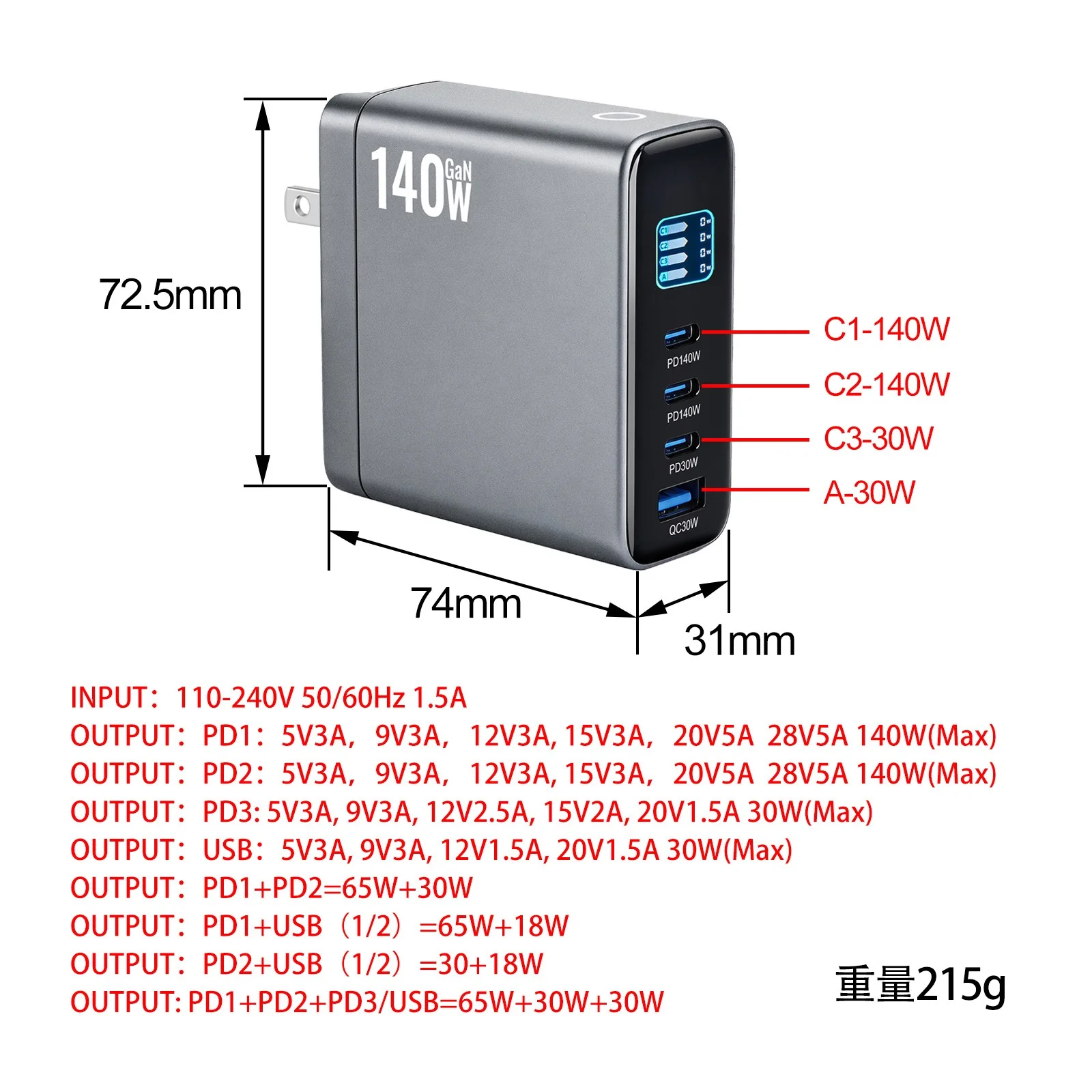 [140W Gallium Nitride Multi-Port Fast Charging Charger Pd140W with Smart Display Suitable for Charging Laptops, Mobile Phones, and Computers]