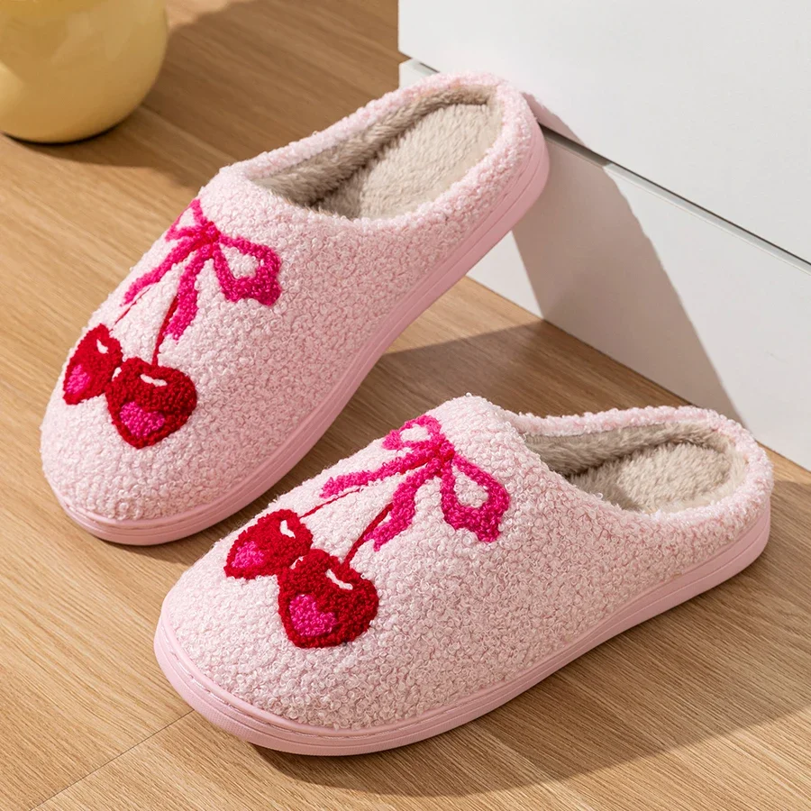 

Casual Bedroom Cherry Bow Women's Slippers Cute Embroidered Pattern Winter Indoor Women's Soft Sole Warm Home Comfy Plush Shoes