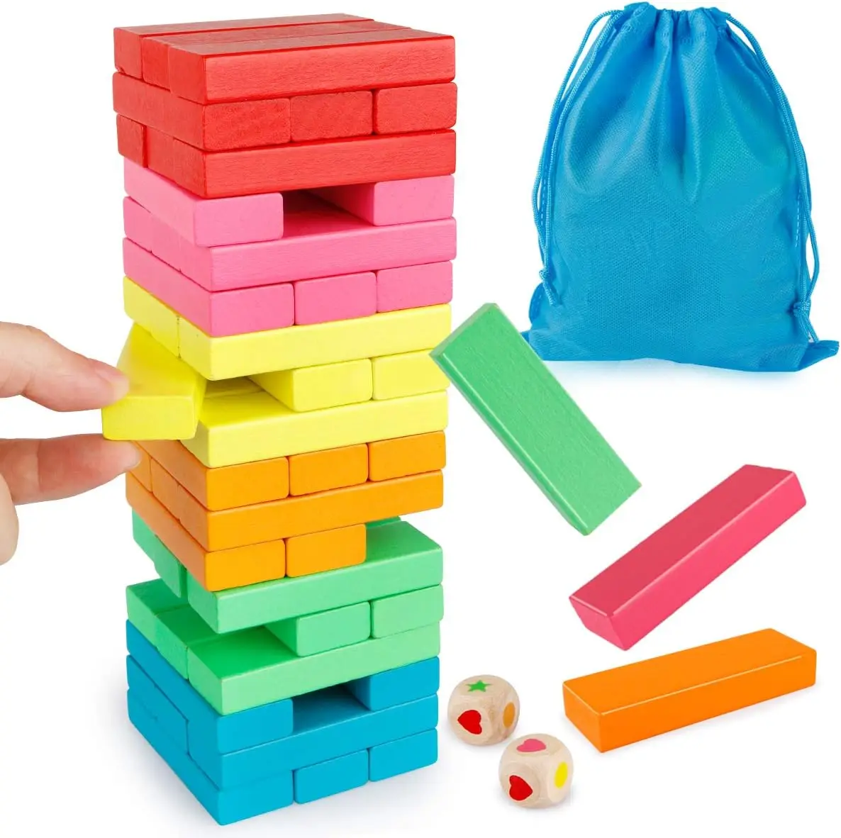 Wooden Blocks Stacking Game with Storage Bag, Toppling Colorful Tower Building Blocks Balancing Puzzles Montessori Toys Learning
