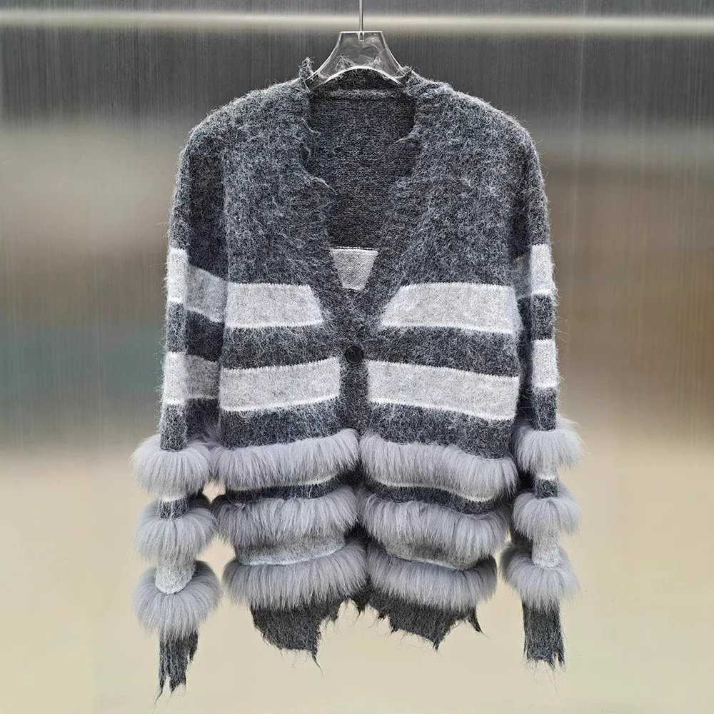 

2025 New Fashion Spring Autumn Warm Sweater Real Natural Fox Fur Knitted Cardigan Women Lady Long Sleeves Femeale Luxury Coat