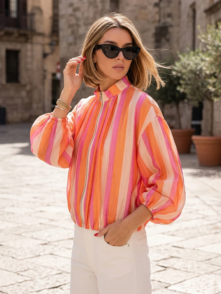 

HH Women's Spring Fell Colorful Vertical Stripe Short Jacket Stand Collar Zipper Lightweight Jacket For Sports Vacation Daily